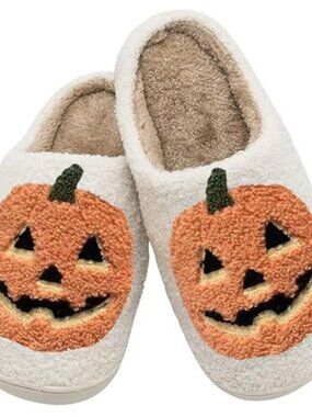Halloween Pumpkin Slippers for Womens Mens Plush Warm Spooky Lantern Pumpkin Sli